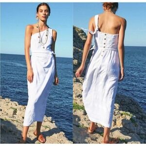 Free People At Leisure Dress‎ White Midi Casual Sundress Tie Waist Summer Sz S